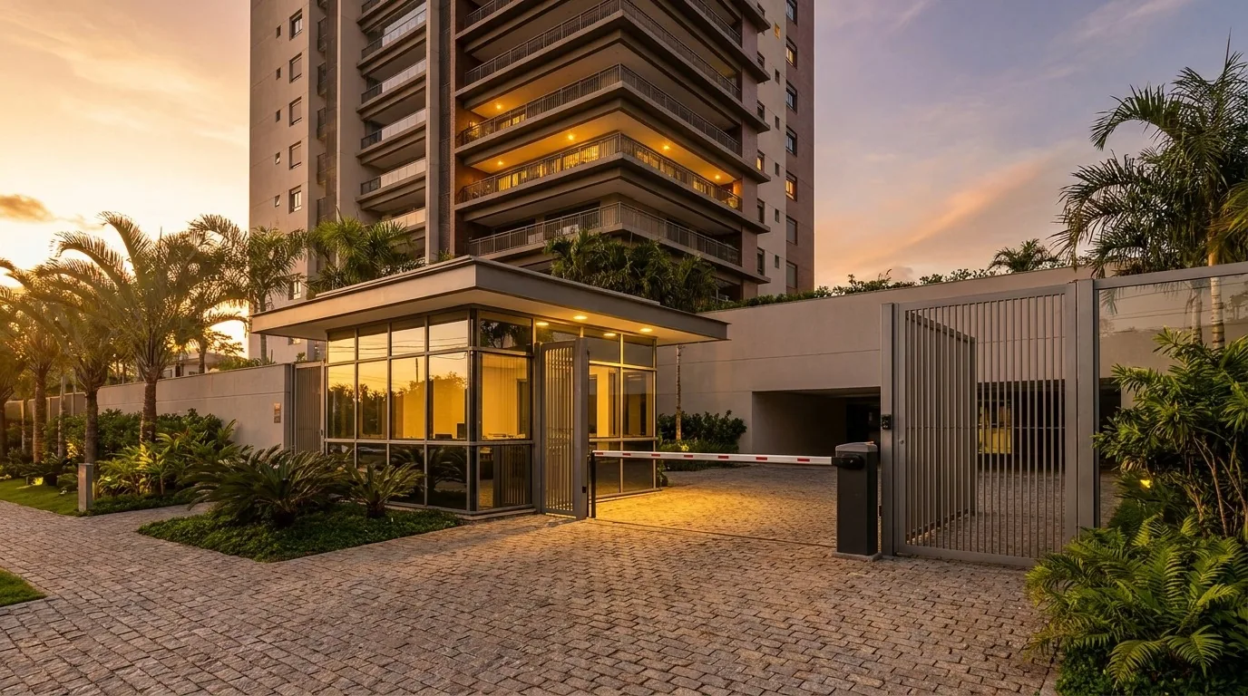 Fachada de prédio residencial moderno com portaria, cancela e portão de acesso de condomínio