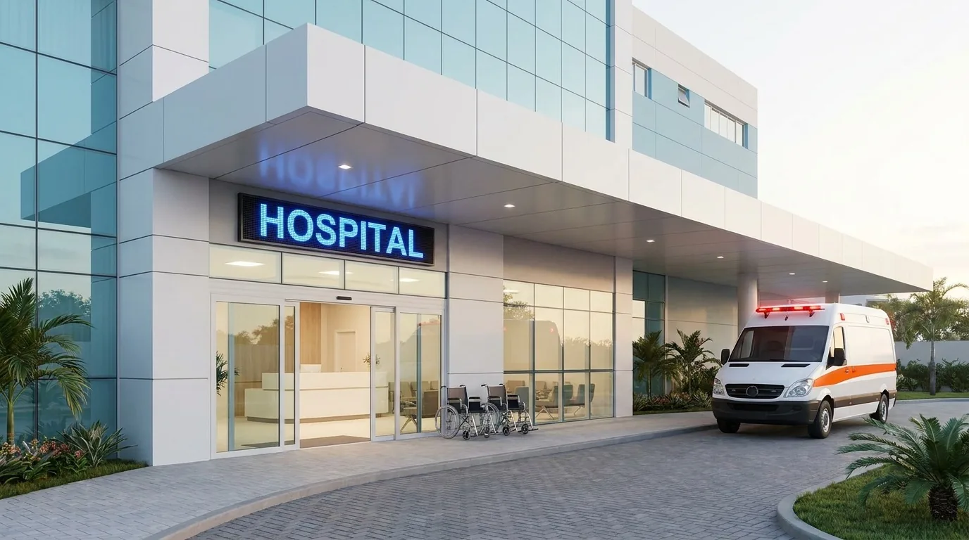 Entrada de hospital moderno com acesso controlado de visitantes