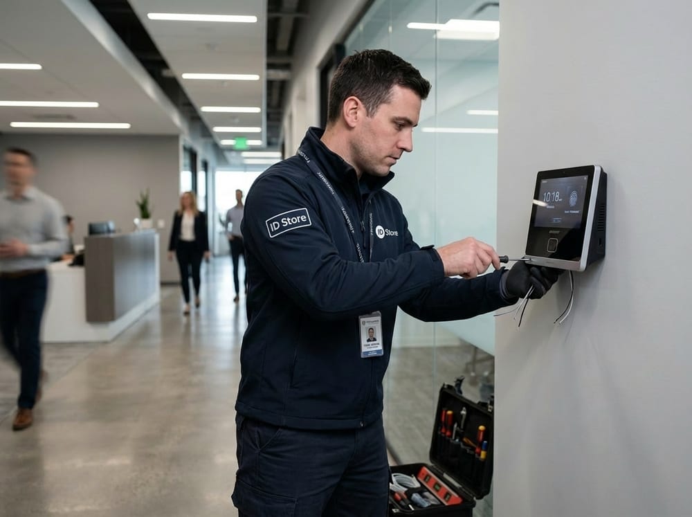 Técnico ID Store instalando terminal de ponto biométrico Hikvision em empresa
