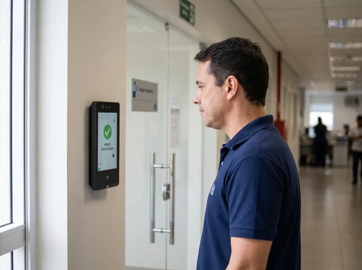 Colaborador registrando ponto em relógio facial ID Store de parede — locação para empresas de Uberlândia